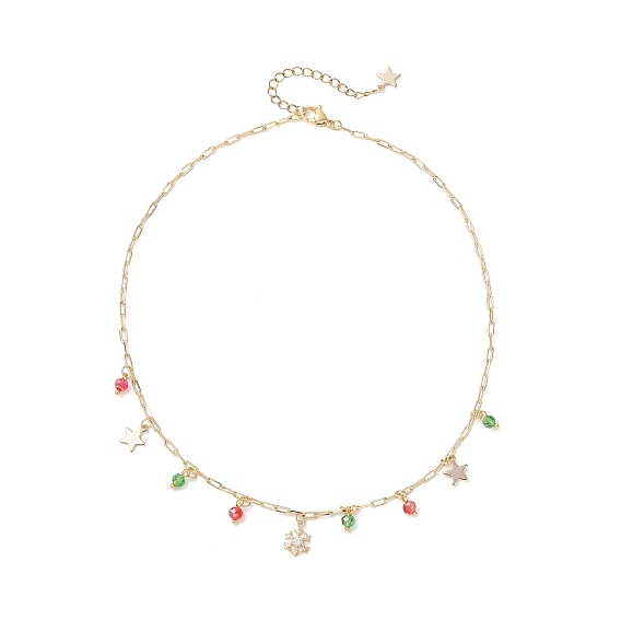 Рождественские латунные подвески-скрепки с прозрачными кубическими цирконами, снежинкой и звездой из нержавеющей стали, круглой стеклянной кисточкой и латунной цепочкой-нагрудником, красный и зеленый