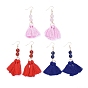 Dangle Earrings, with Cotton Thread Tassels, with Natural Gemstone Beads and Brass Earring Hooks, Golden