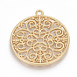 Alloy Pendants, Cadmium Free & Lead Free, Matte Style, Flat Round with Flower, Real 14K Gold Plated
