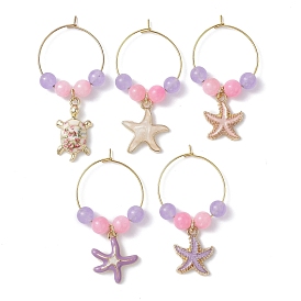 Turtle/Starfish Alloy Enamel Wine Glass Charms, with Hoop Earrings Findings and Natural Dyed Yellow Jade/Dyed Malaysia Jade Bead