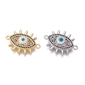 Brass Micro Pave Cubic Zirconia Links Connectors, with Enamel, Evil Eye, Colorful
