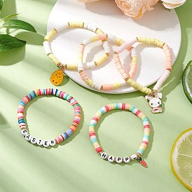 5 шт 5 стили пасхальный браслет из полимерной глины с бусинами и браслет с подвесками из сплава и эмали для женщин, с корейской эластичной хрустальной нитью и акриловыми бусинами