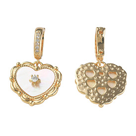Brass Micro Pave Clear Cubic Zirconia Pendants, with Natural Shell, Nickel Free, Heart