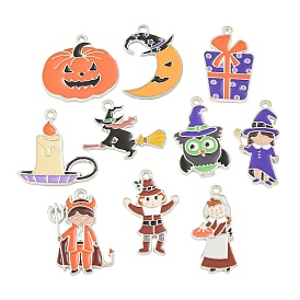 Halloween Theme Alloy Enamel Pendants, Platinum, Witch Pumpkin Moon Charm