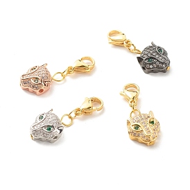 Brass Micro Pave Cubic Zirconia Pendants, with Lobster Claw Clasps, Leopard Head