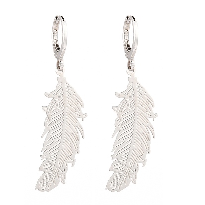 304 Stainless Steel Leverback Earrings, with Brass Feather Pendants