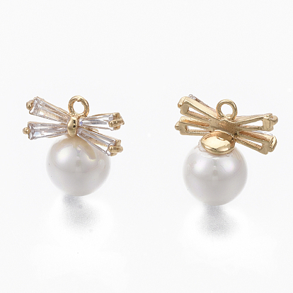Brass Micro Pave Cubic Zirconia Charms, with Acrylic Imitation Pearl, Nickel Free, Real 18K Gold Plated, Bowknot