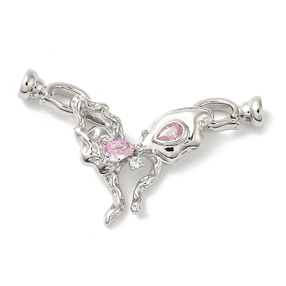 Rack Plating Brass Pave Clear Cubic Zirconia Fold Over Clasps, with Pink Glass, Cadmium Free & Lead Free, Long-Lasting Plated, Butterfly