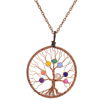 Natural & Synthetic Mixed Gemstone Tree of Life Pendant Necklace, Brass Wire Wrap Necklace with Alloy Chains