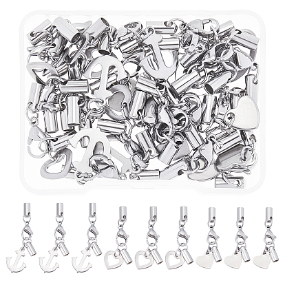 24 Sets 3 Style 304 Stainless Steel Lobster Claw Clasps, with Cord Ends and Charms