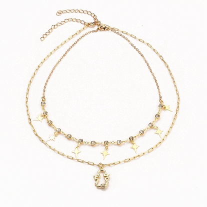 Star & Girl Pendant Necklaces Sets, with Brass Paperclip Chains & Brass Micro Pave Clear Cubic Zirconia Charms