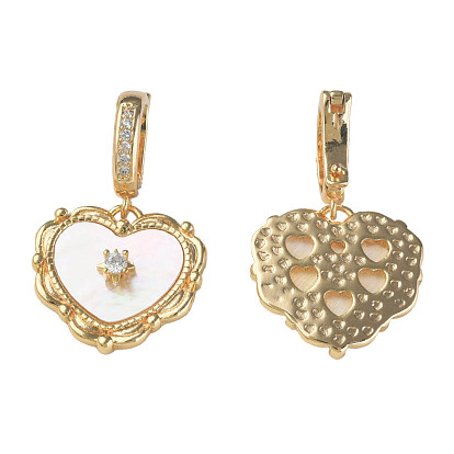 Brass Micro Pave Clear Cubic Zirconia Pendants, with Natural Shell, Nickel Free, Heart