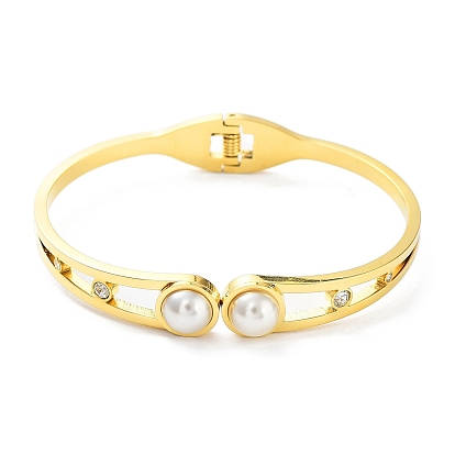 Ion Plating(IP) 304 Stainless Steel Cuff Bangle, Hinged Bangle with Rhinestone and Plastic Pearl