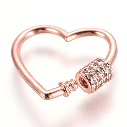 Brass Micro Pave Cubic Zirconia Screw Carabiner Lock Charms, for Necklaces Making, Heart