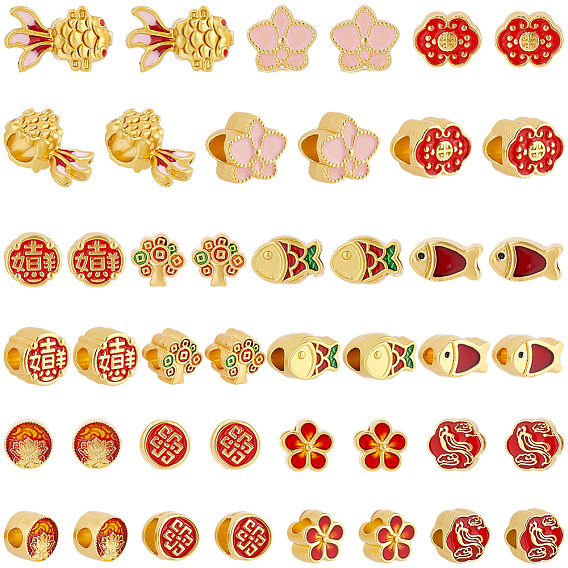 44Pcs 11 Styles Alloy Enamel European Beads, Large Hole Beads, Golden