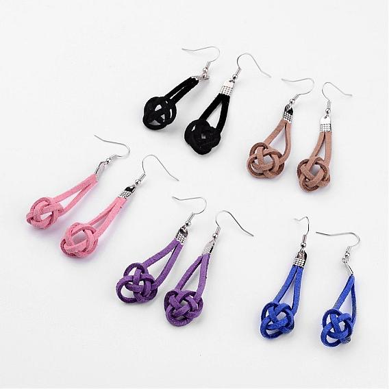 Faux Suede Cord Dangle Earrings, with Platinum Tone Brass Earring Hooks and Iron Folding Crimp Ends