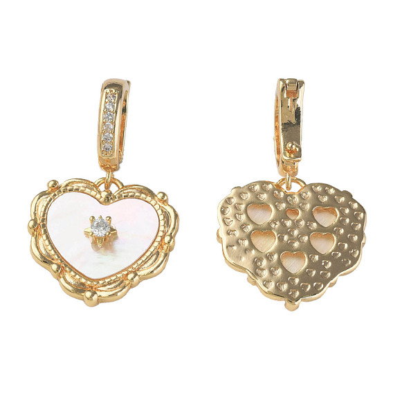 Brass Micro Pave Clear Cubic Zirconia Pendants, with Natural Shell, Nickel Free, Heart
