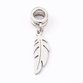 304 Stainless Steel European Dangle Charms, Large Hole Pendants, for Halloween, with Alloy Tube Bails, Feather