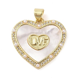 Brass Micro Pave Clear Cubic Zirconia Pendants, with ABS Imitation Pearl, Heart