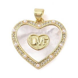 Brass Micro Pave Clear Cubic Zirconia Pendants, Cadmium Free & Lead Free, with ABS Imitation Pearl, Heart