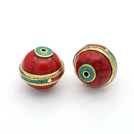 Style tibétain main perles rondes plat, résultats en laiton avec turquoises
