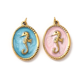 304 нержавеющей стальной эмали подвески, овал с подвесками в виде морского конька, с целью перехода в кольце, ионное покрытие (ip), реальный 18 k позолоченный