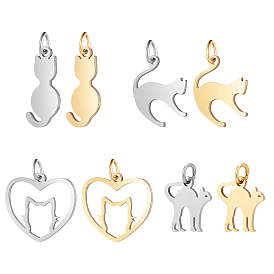 16Pcs 8 Style 201 Stainless Steel Kitten Pendants, Cat & Heart