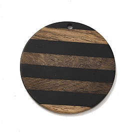 Opaque Resin & Walnut Wood Pendants, Striped Flat Round Charm