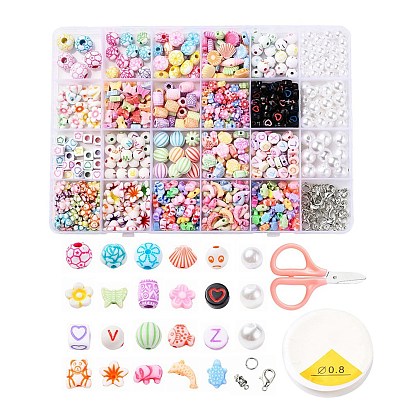 DIY Bracelet Jewelry Finding Kit, Bear & Animal & Geometric Acrylic Beads and 98Pcs Round Imitation Pearl Beads, Elastic Stretch Thread, Iron Findings, Zinc Alloy Clasps and Stainless Steel Scissors