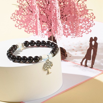 Natural Obsidian & Opalite Round Beads Energy Stretch Bracelet, Alloy Charm Bracelet for Girl Women, Mixed Shape