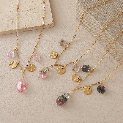 Кулон в виде самородка из стекла и нержавеющей стали в европейском стиле, цепочка-скрепка для женщин, реальный 18 k позолоченный