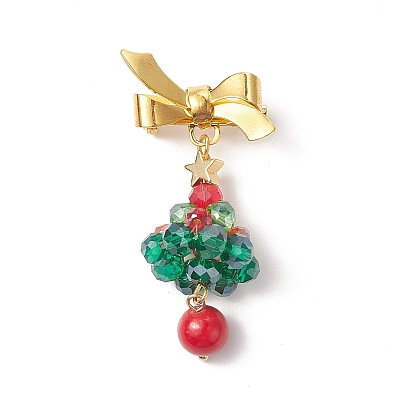 Christmas Theme Glass Beaded Tree Brooch, Golden Brass Bowknot Lapel Pin for Backpack Clothes