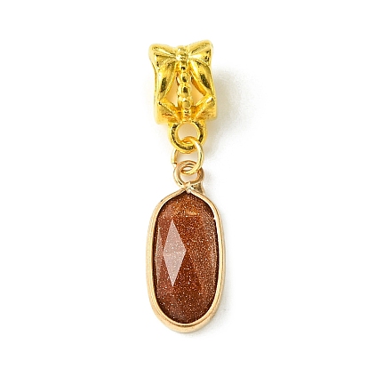 Mixed Gemstone European Dangle Charms, Golden Plated Brass Large Hole Faceted Oval Pendant