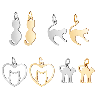 16Pcs 8 Style 201 Stainless Steel Kitten Pendants, Cat & Heart