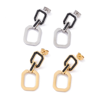 304 Stainless Steel Stud Earrings, with Rhinestone, Octagon Rectangle, Ion Plating(IP)