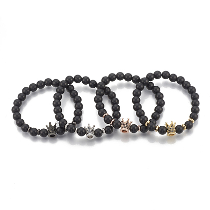 Synthetic Lava Rock Stretch Bracelets, with Brass Micro Pave Cubic Zirconia Findings, Crown