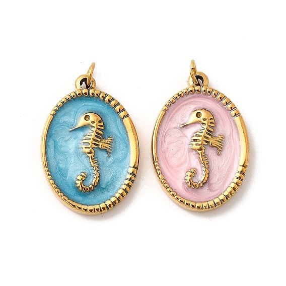 304 нержавеющей стальной эмали подвески, овал с подвесками в виде морского конька, с целью перехода в кольце, ионное покрытие (ip), реальный 18 k позолоченный