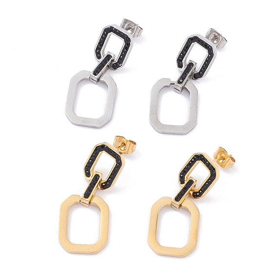 304 Stainless Steel Stud Earrings, with Rhinestone, Octagon Rectangle, Ion Plating(IP)