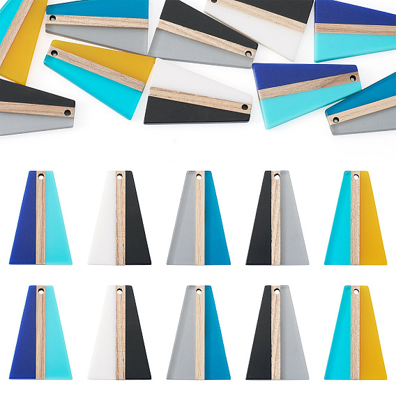 10шт 5 цвета подвески из смолы и дерева, трапециевидные, два тона