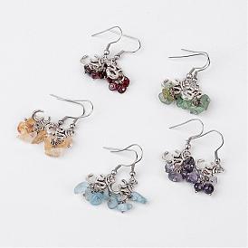 Tema de yoga pendientes de racimo de piedras preciosas de aleación de grano de la viruta, con 304 de acero inoxidable ganchos pendiente, 40 mm, pin: 0.8 mm