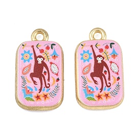 Printed Alloy Pendants, Rectangle with Monkey Charms, Golden, Rack Plating