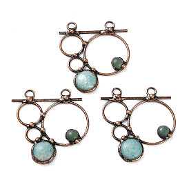 Natural Amazonite & Green Aventurine Big Pendants, Red Copper Tone Brass Ring Charms