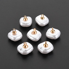 ABS Plastic Imitation Pearl Charms, with Golden Plated Brass Loop and Crystal Rhinestone, Square