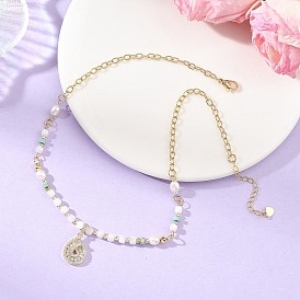 Ocean Brass Pave Clear Cubic Zirconia Conch Shell Shape Pendant Necklaces, Natural Howlite & Rainbow Moonstone & Pearl Beaded Necklaces for Women
