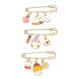 3Pcs 3 Style Easter Rabbit & Carrot & Egg Alloy Enamel Charms Safety Pin Brooches, Brass Brooch Kilt Pin for Women