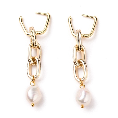 Brass Huggie Hoop Earrings,  with Aluminum Cable Chains and Oval Natural Pearl Beads
