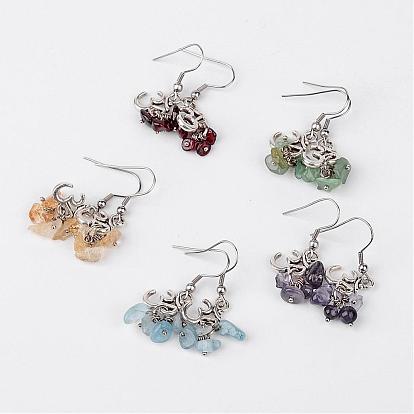 Tema de yoga pendientes de racimo de piedras preciosas de aleación de grano de la viruta, con 304 de acero inoxidable ganchos pendiente, 40 mm, pin: 0.8 mm