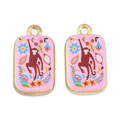 Printed Alloy Pendants, Rectangle with Monkey Charms, Golden, Rack Plating