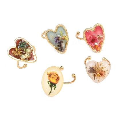 304 открытые кольца манжеты из нержавеющей стали, Сердце со цветками , cmолой, золотые