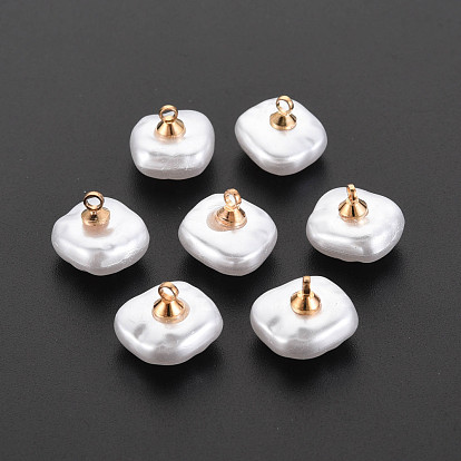 ABS Plastic Imitation Pearl Charms, with Golden Plated Brass Loop and Crystal Rhinestone, Square